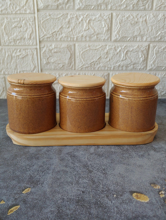 The Delft Delights Ceramic Kimchi Pickle Jar Set with wooden lid and tray