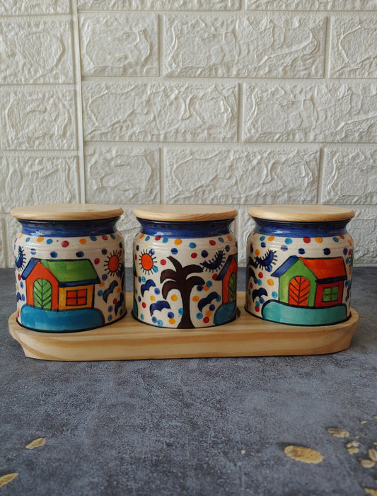 Hand Painted kimchi Pickle Jar Set with wooden lid and tray