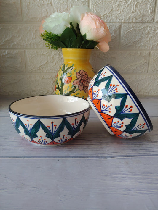 Lotus Flower Blue Handpainted Designer Ceramic Serving Bowls set of 2