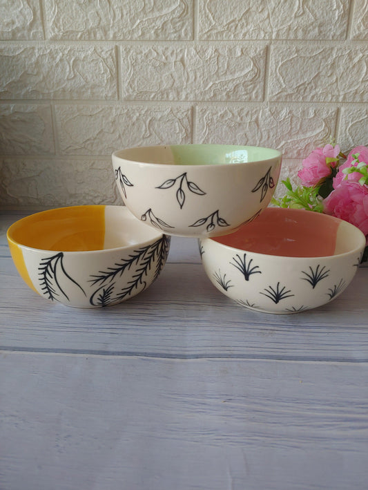 Lotus Flower Handpainted Designer Ceramic Serving Bowls set of 3