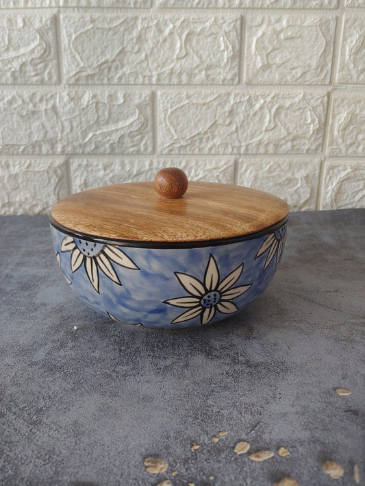 Cerulean Haven Designer airtight Ceramic Serving Bowls with lid, 600ml
