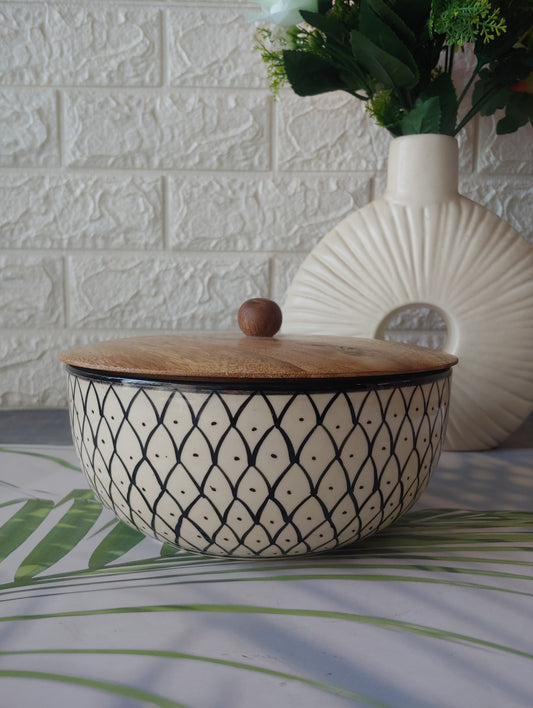 Round Black Designer airtight  Ceramic Serving Bowls with lid, 600ml