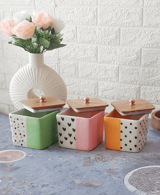 Trinket Happy Heart Ceramic Airtight Containers with Wooden Lid set of 3