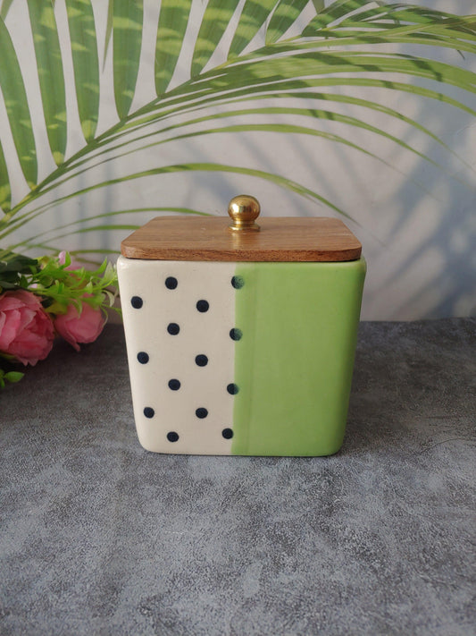 Green Bloom Dot Ceramic Airtight Containers with Wooden Lid