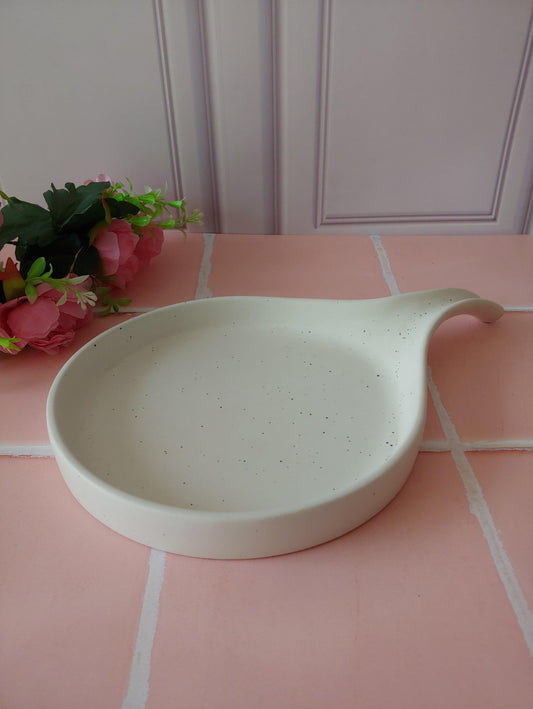Round white Spring Ceramic serving Platter with handle