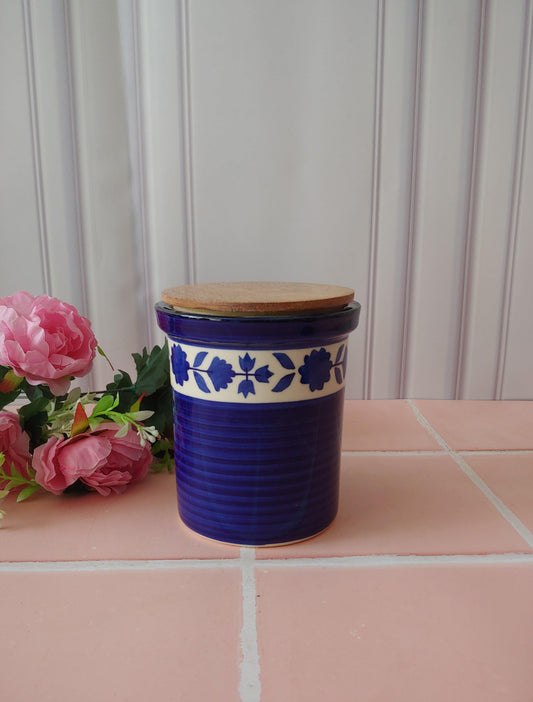 Blue Handpainted Ceramic Airtight Container 4" Half kg
