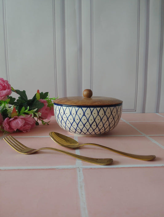 Round Blue Designer airtight Ceramic Serving Bowls with lid, 600ml