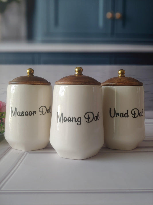 The Royal kitchen Spice Dal Delight Airtight Ceramic Container (1kg) with wooden Lid