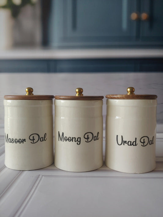 The Perfect Pairing kitchen Spice Dal Delight Airtight Ceramic Container (1kg) with wooden Lid