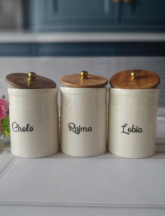 Elegant Royal Charm kitchen Spice Delight Airtight Ceramic Container (1kg) with wooden Lid