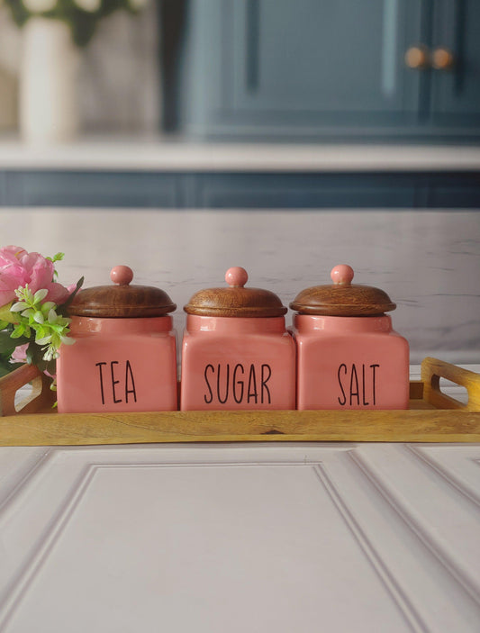 Pinkish Shine Square Solid Tea , Sugar , Salt Ceramic Canisters 500 ml