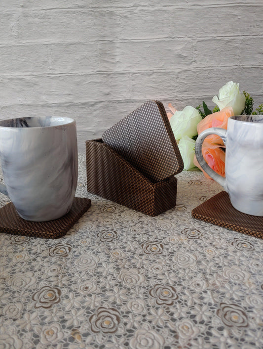 Brown HoneyComb Premium Leather Coaster Set
