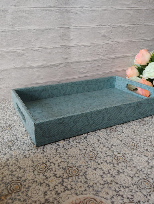 Earthy Blue Premium Leather Serving Tray with Handle