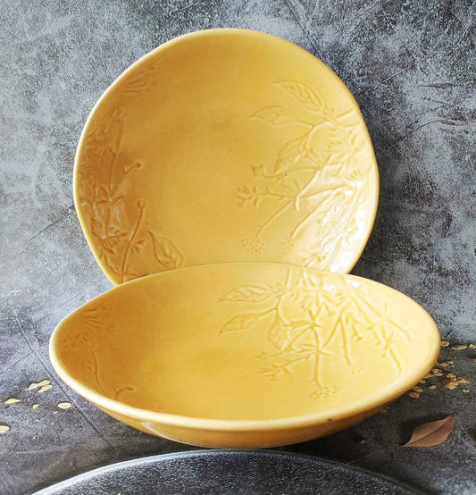 Ceremic embossed Yellow Round Pasta Bowl - Grey Pottery