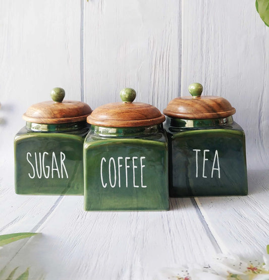 Green Square Solid Ceremic Tea Coffee Sugar Canisters 500ml - Grey Pottery