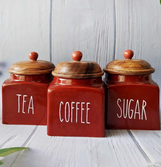 Maroon Square Solid Ceremic Tea Coffee Sugar Canisters 500ml - Grey Pottery