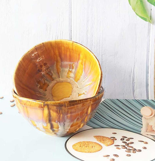 Ceremic Yellow Oval Abstract Large Bowls - Grey Pottery