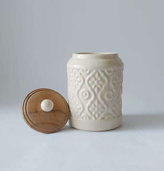 Ceremic cream Cylender Canisters With Spoon - Grey Pottery