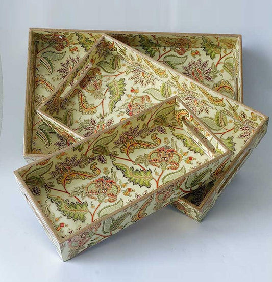 Golden Yellow Mughal Wooden Rectangular Tray - Grey Pottery