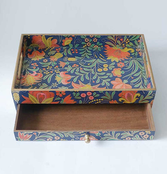 Golden Blue Bagh Wooden Rectangular Tray With Drawer - Grey Pottery