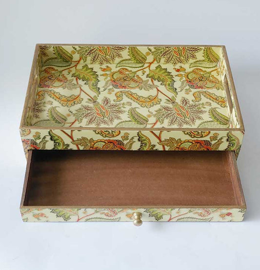 Golden Yellow Mughal Wooden Rectangular Tray With Drawer - Grey Pottery