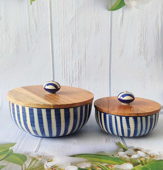 Ceremic Blue Round Strips Small Bowls With lid - Grey Pottery
