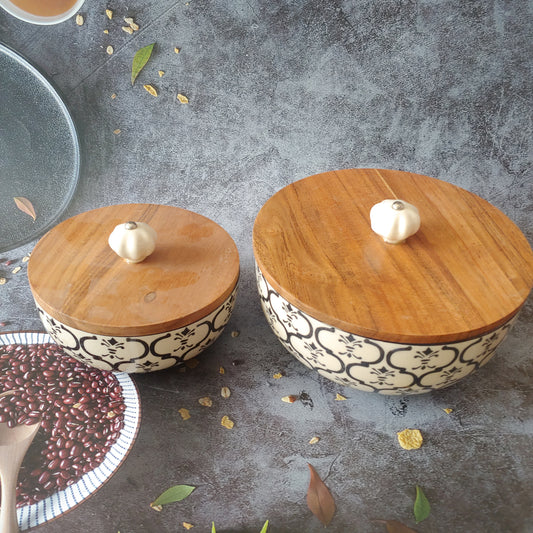 Handpainted Black leafts Ceramic Bowls with Wooden Lid