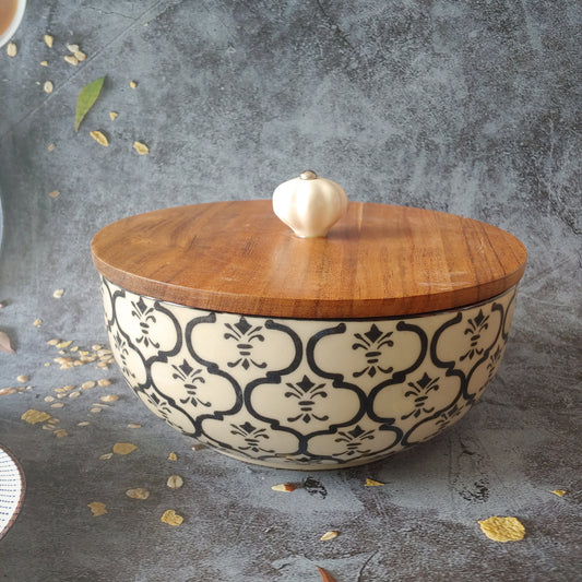 Handpainted Black leafts Ceramic Bowls with Wooden Lid