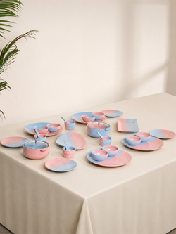 Blush & Blue Ceramic Hosting Dinner Set with Serving Platters, Glass-Lid Serving Bowls & Dessert Bowls for 4 People