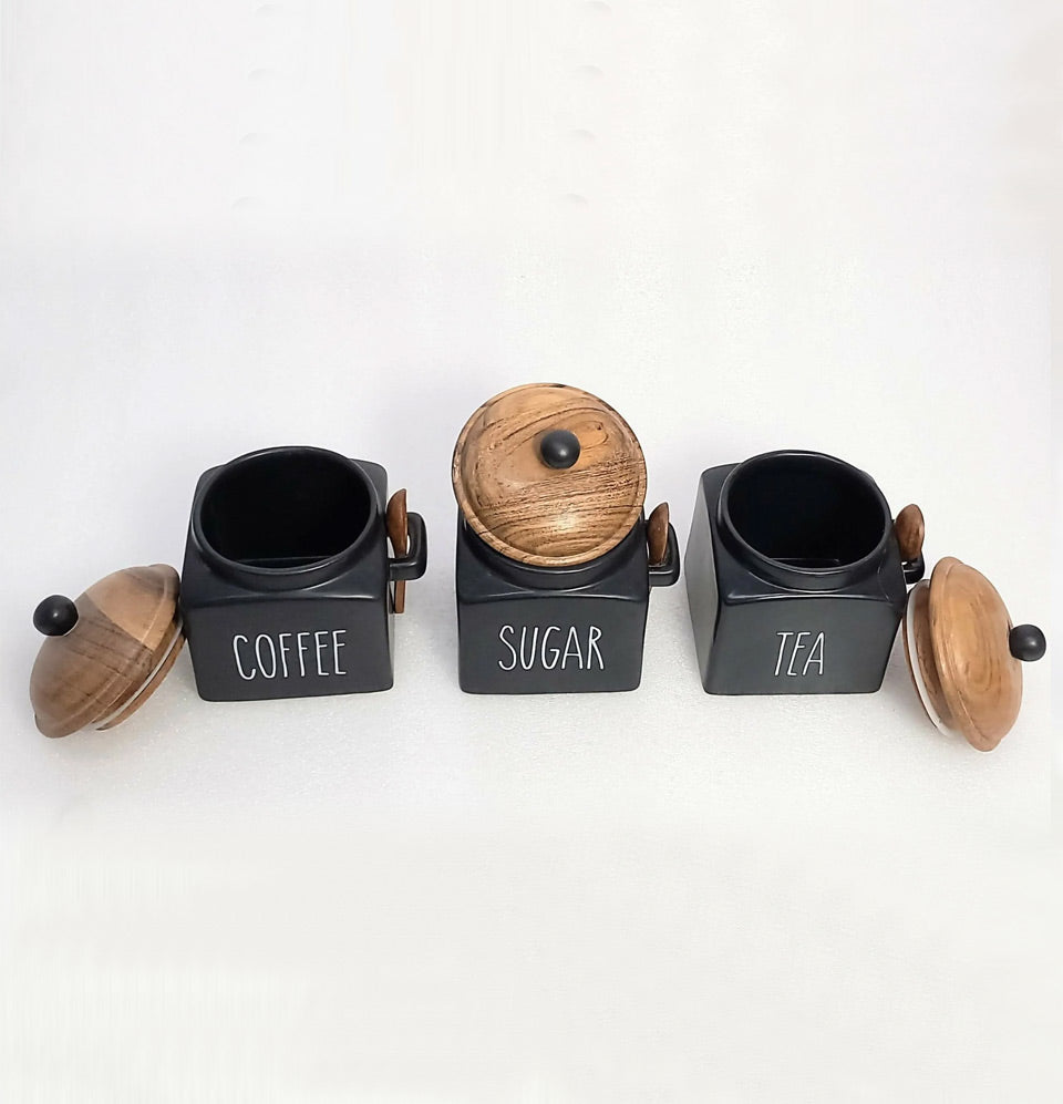 Black Tea Coffee Sugar Ceramic Canisters Grey Pottery 500 ml