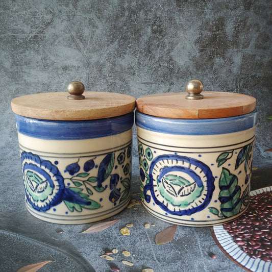 BLUE Floral Ceramic Jars With Wooden Lids Set Of 2