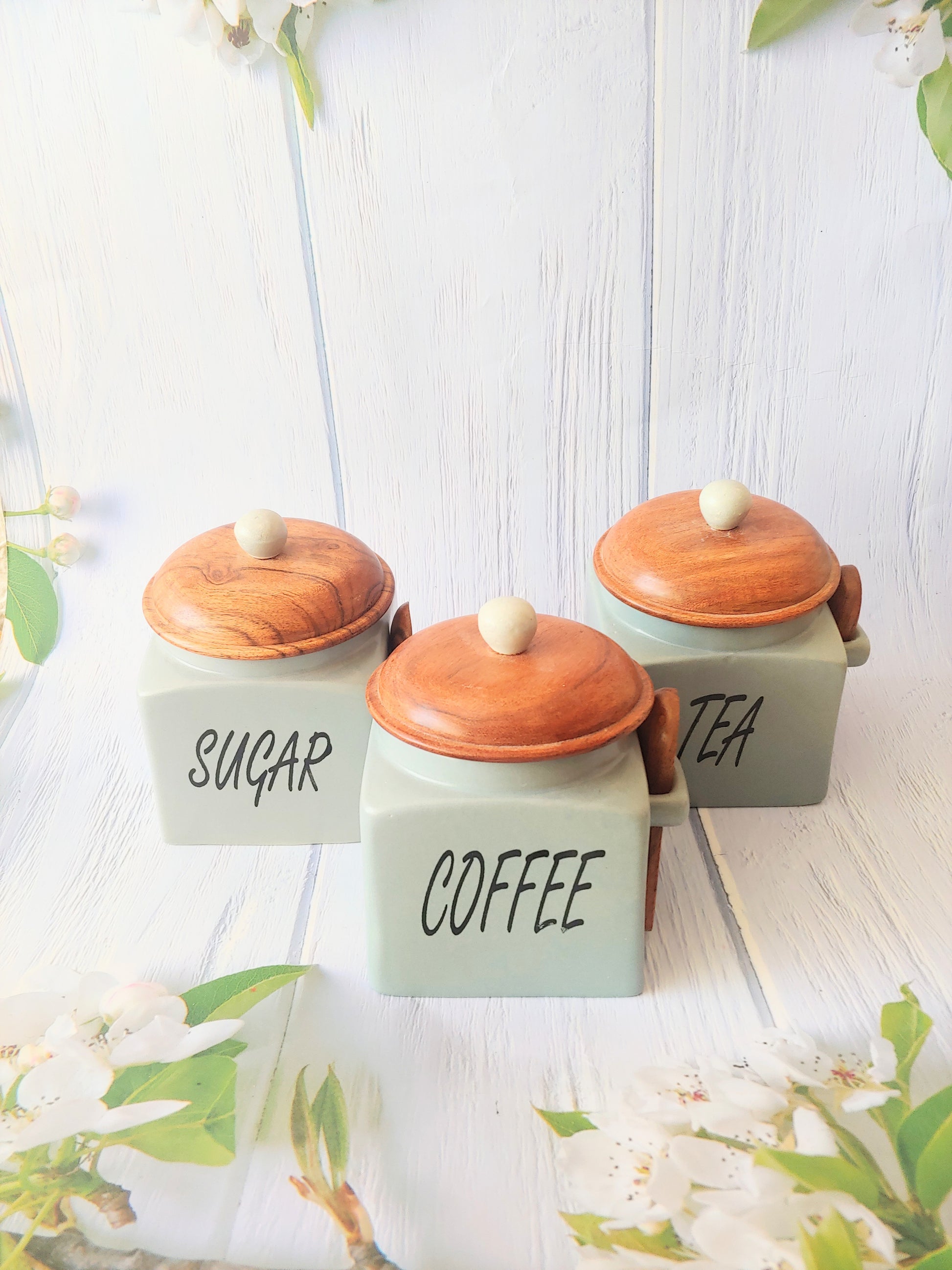 Ivory Square Solid Tea Coffee Sugar Ceramic Canisters 500 ml – Grey Pottery