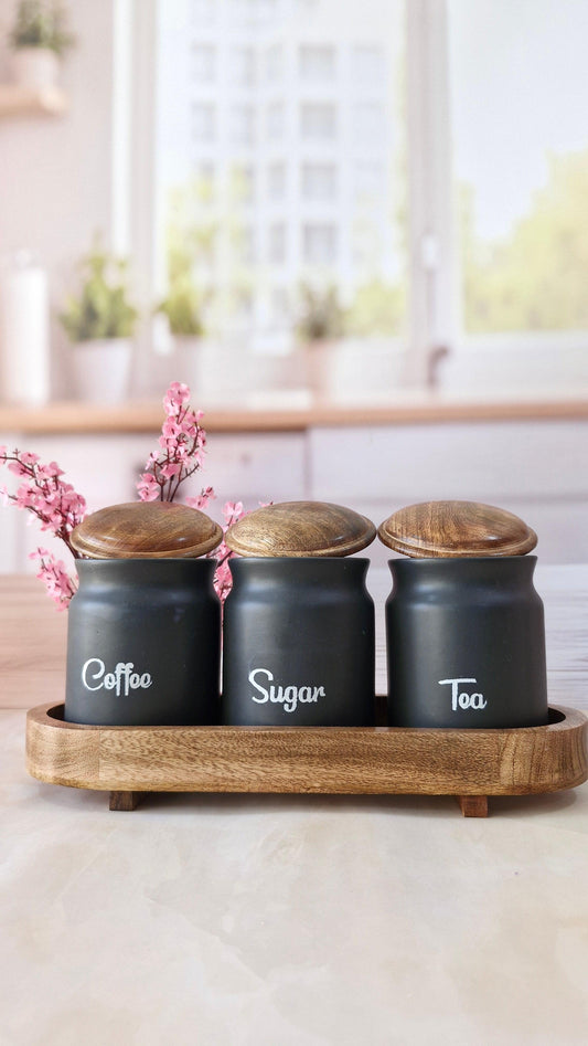 Charming Kitchen ceramic black airtight Tea, coffee ,sugar jars with wooden lid