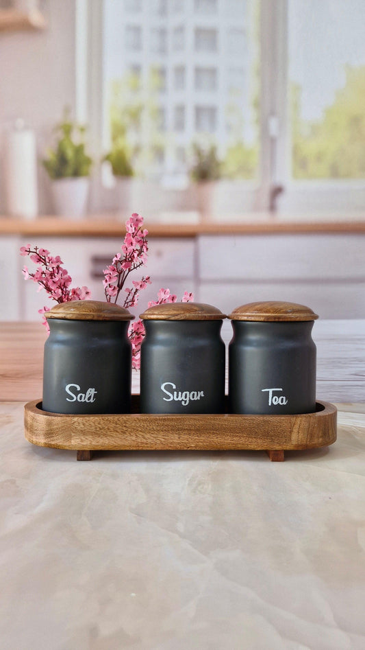 Black Elegant Storage ceramic black airtight Tea, ,sugar Salt ,jars with wooden lid