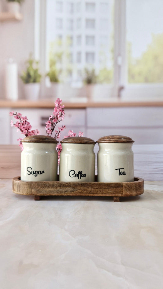 Brew and Chew  Sweetener ceramic airtight Tea, coffee ,sugar jars with wooden lid