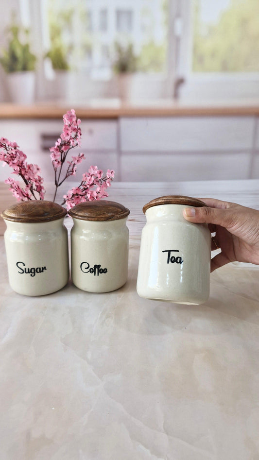 Brew and Chew  Sweetener ceramic airtight Tea, coffee ,sugar jars with wooden lid