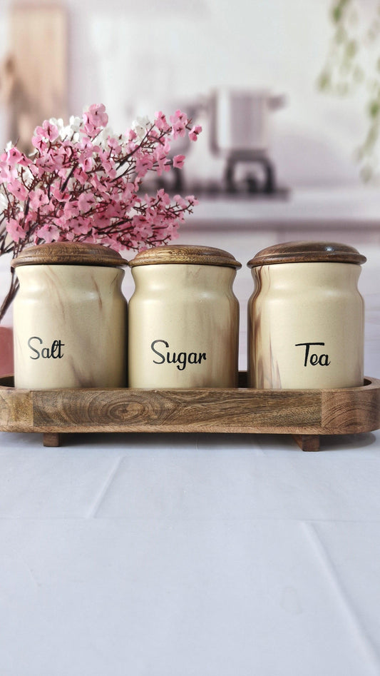 Chocolaty Rustic Morning ceramic airtight Tea, sugar, and salt, jars wooden lid