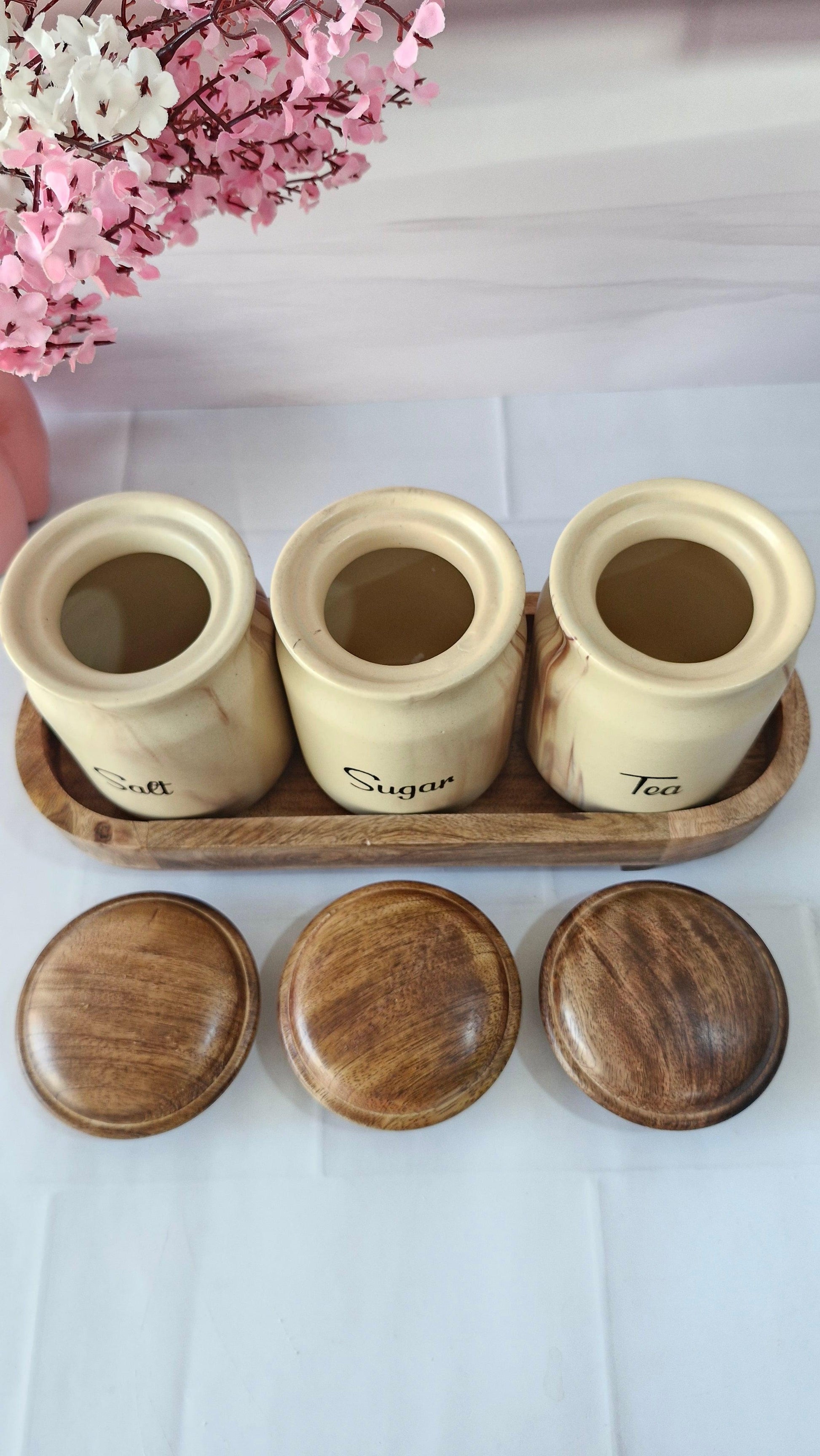 Chocolaty Rustic Morning ceramic airtight Tea, sugar, and salt, jars wooden lid