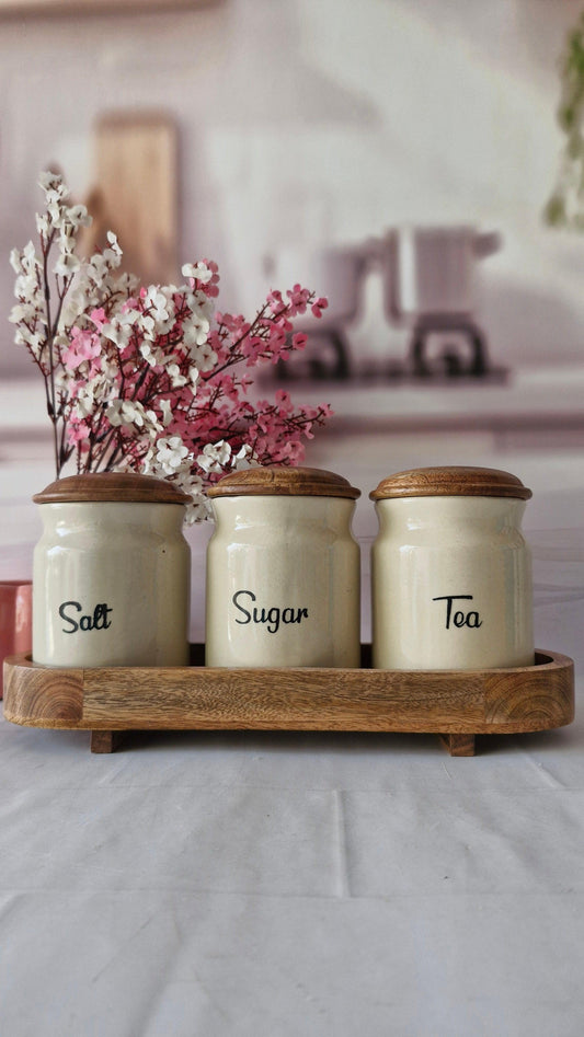 Sugar Rush Morning ceramic airtight Tea, sugar, and salt, jars wooden lid