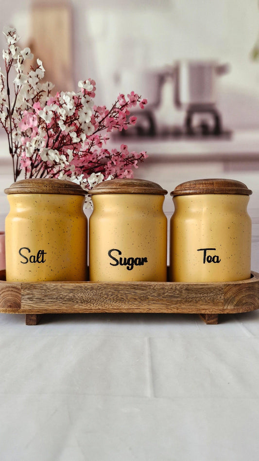 Everyday Morning Rustic ceramic airtight Tea, sugar, and salt, jars with wooden lid