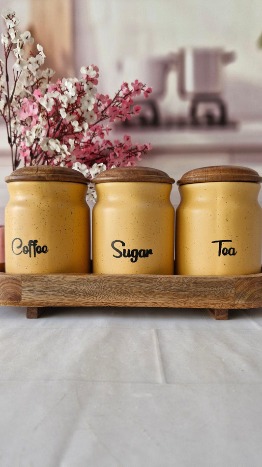 The Tea Time  Sunrise Morning ceramic airtight Tea, coffee ,sugar, jars with wooden lid