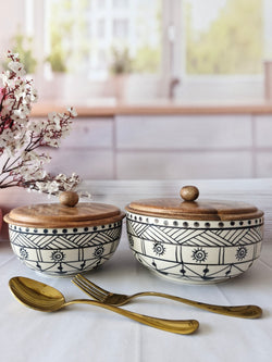 Woodland Wonders Handpainted Ceramic Serving Buddies Round Dining Bowls with Lid