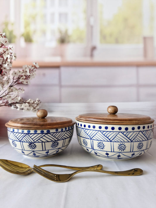 Blue Wonder Handpainted Ceramic Serving Round Dining Bowls with Lid