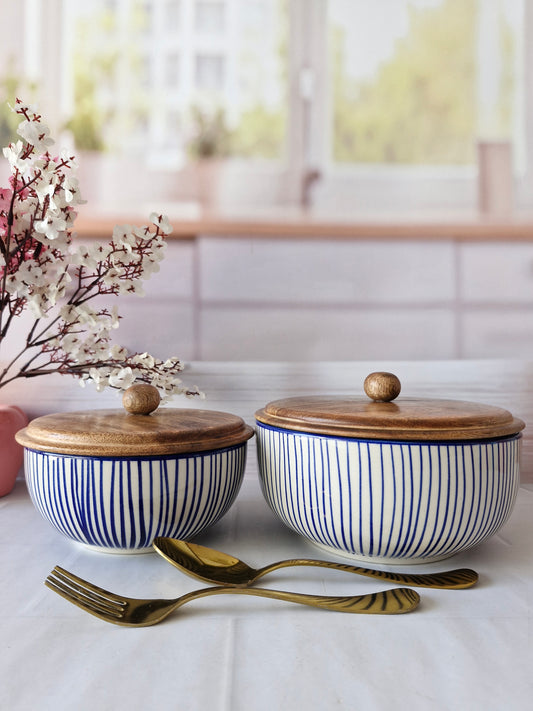 Twirl & Twine Handpainted Ceramic Blue line Round Serving  Dining Bowls with Lid