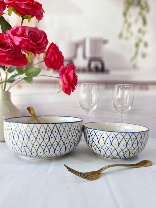 Blue Geometric Beauty Handpainted Ceramic Round Dining Bowls