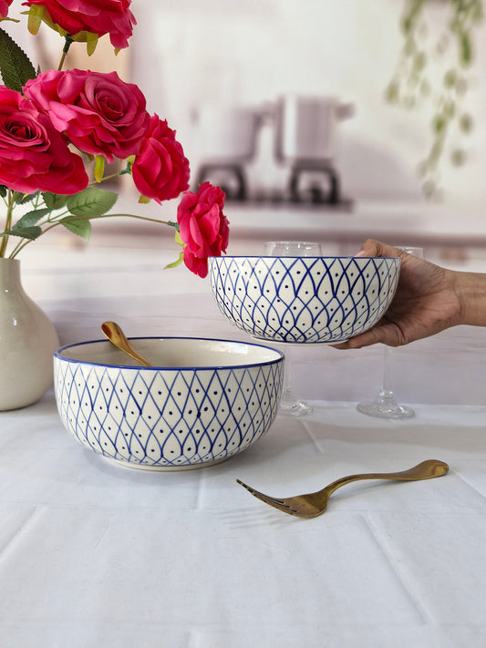 Blue Geometric Beauty Handpainted Ceramic Round Dining Bowls