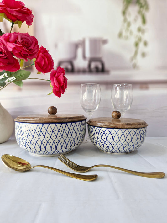 Blue Geometric design Handpainted Ceramic Serving Round Dining Bowls with Lid