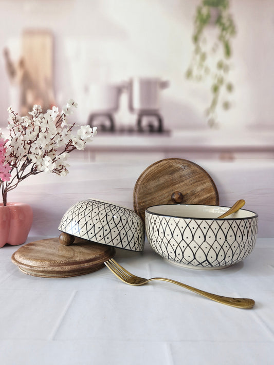 Black Geometric design Handpainted Ceramic Serving Round Dining Bowls with Lid