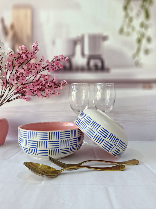 Geometric Pattern Beauty Pink Handpainted Ceramic Serving Dining Bowls