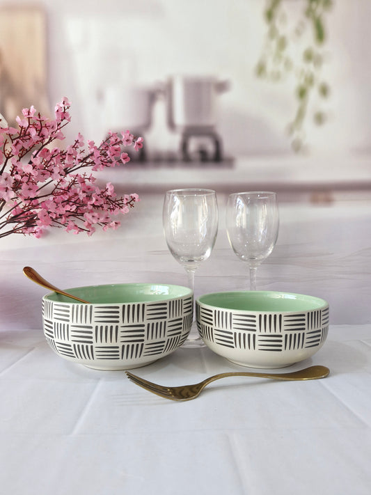 Geometric Pattern Beauty Green Handpainted Ceramic Serving Dining Bowls